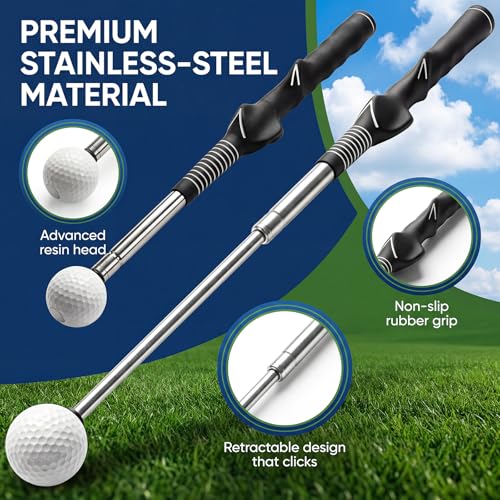 Retractable Golf Swing Trainer, Telescopic Practice Club with Click Feedback, Right-Handed Ergonomic Grip & Arm Band, Grip/Posture Correction, Portable Indoor/Outdoor Tempo & Swing Path Aid
