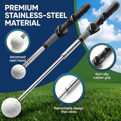 Retractable Golf Swing Trainer, Telescopic Practice Club with Click Feedback, Right-Handed Ergonomic Grip & Arm Band, Grip/Posture Correction, Portable Indoor/Outdoor Tempo & Swing Path Aid