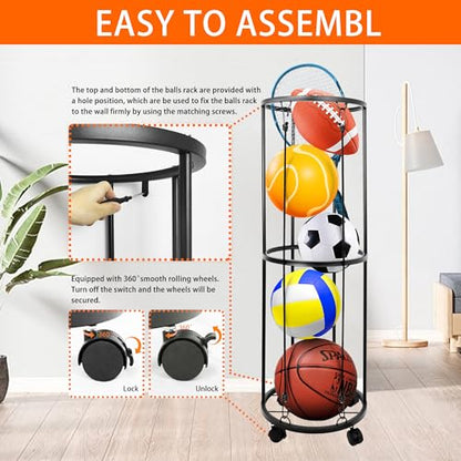 Garage Ball Storage Rack, Wall-Mounted Basketball Holder, Vertical Ball Rack for Soccer Volleyball Football Basketball, Space-Saving Sports Ball Storage Organizer for Garage & Home - size: 2 layer with Wheels