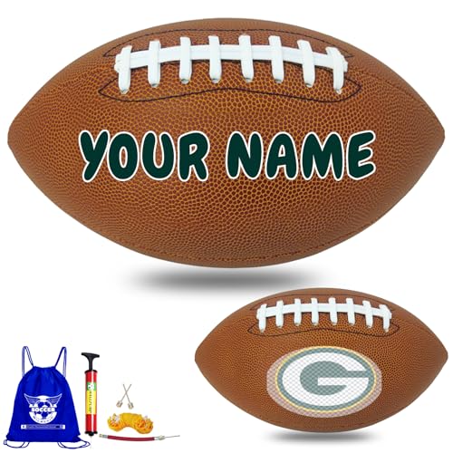 Personalized Customized Football - Official Size 9 Leather Footballs with Team Logo + Your Name - Football Fans Gift - color: II-Green Bay Packers