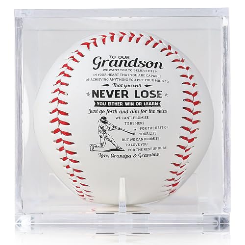 SYNGUCK Baseball Gift for Grandson-Clear Acrylic Display Case-Heartfelt Grandparents to Grandson Baseball with Inspirational Message - Perfect Birthday, Graduation Gift - style: Love,grandpa&grandma(Style 2)