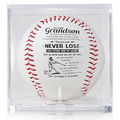 SYNGUCK Baseball Gift for Grandson-Clear Acrylic Display Case-Heartfelt Grandparents to Grandson Baseball with Inspirational Message - Perfect Birthday, Graduation Gift - style: Love,grandpa&grandma(Style 2)