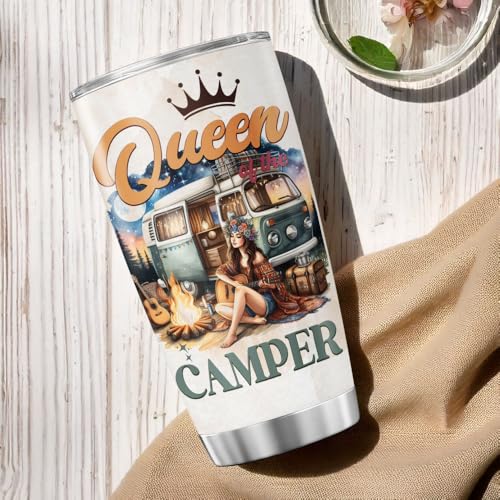 Queen of the Camper Gift 20oz Stainless Steel Tumbler, Insulated Coffee Travel Mug with Girl and Van Artwork, Camper Themed Outdoor Adventure Cup for Women, Camping Enthusiasts - color: Camping Lover