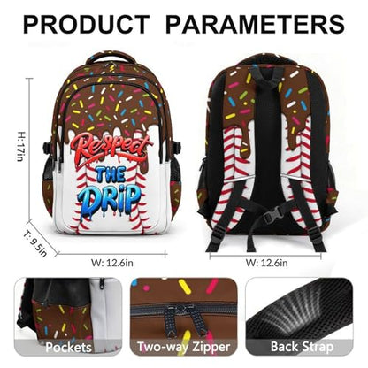 Kids Schoolbag for Boys Girls Baseball Drip Backpack, 17" Cool Sports Bookbag for Teenagers Elementary Middle College Students Picnic Teammates - color: Brown