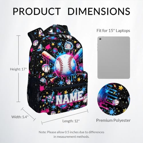 Personalized Baseball Backpack for Boys, Custom Kids Baseball Drip School Bag - 17" Youth Sports Bookbag for Elementary Middle School - color: Black