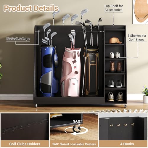 Zevemomo Wooden Golf Bag Organizer with Wheels, Golf Storage Organizer for Garage, 3 Golf Bag Storage Rack, Holds 3 Golf Bags and Golf Equipment, Suitable for Garage Home Golf Club, Black