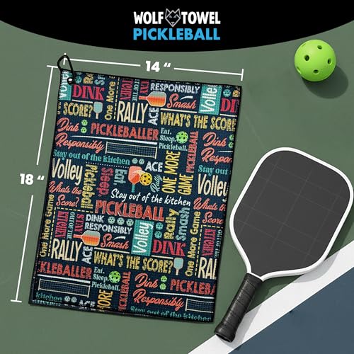 Wolf Golf Towels Pickleball Towel | Pickleball Gifts | Paddles, Balls and Phrases | Sport Towel | Retirement Gift - color: Phrase Collage