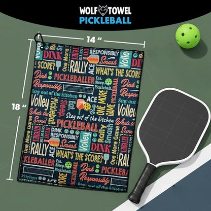 Wolf Golf Towels Pickleball Towel | Pickleball Gifts | Paddles, Balls and Phrases | Sport Towel | Retirement Gift - color: Phrase Collage