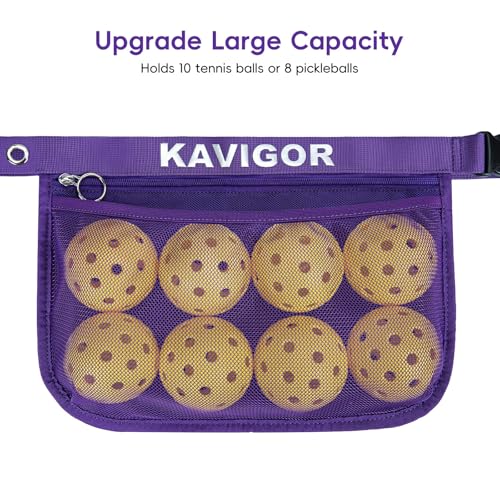 KAVIGOR Tennis & Pickleball Ball Holder Waist Pouch Holds 8-10 Balls, Multi-Functional Sports Belt Bag with Zipper Pocket and Carabiner - color: Purple