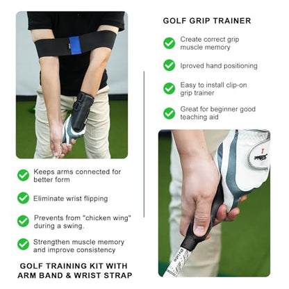 Right Hand Golf Grip Trainer 2 Pack with Arm Band & Wrist Strap, Golf Training Aid Kit, Grip Trainer Golf Club to Correct Hand Position and Develop Muscle Memory