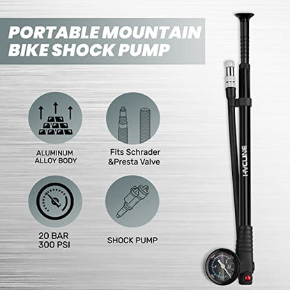 Hycline Shock Pump for Mountain Bike, High Pressure 300 Psi for Front Fork and Rear Bicycle Suspension Air Pump with Gauge Fits Schrader & Presta Tire Valve - color: Black