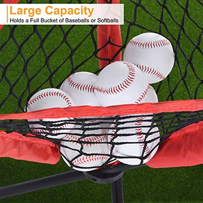 PATIKIL Baseball Caddy Portable Baseball Bucket of Balls Batting Practice Ball Caddy Stand with Carry Bag for Softball Holders Hitting Batting Practice Training, Red