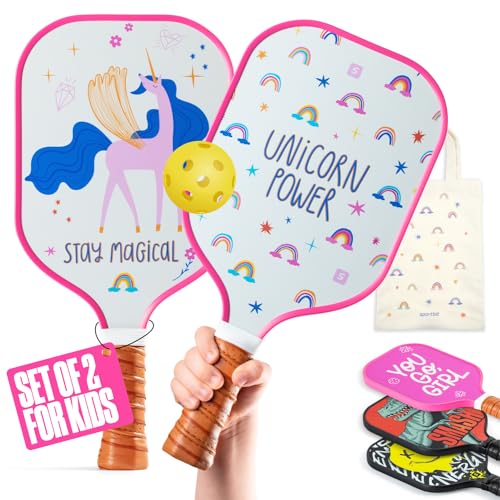 Sportbit Kids Pickleball Paddles Set of 1 or 2 - Child Size Pickleball Paddle for Kids Small and Lightweight - Carbon Fiber Youth Pickleball Paddle Set with Bag for Children Under 12. - color: 2-pack Unicorn