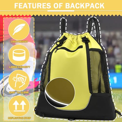 KAEGREEL Drawstring Soccer Bag Basketball Backpack for Kids Teens, Foldable Sports Bags Detachable Ball Mesh Bag for Gym Yoga Football Baseball - color: Yellow