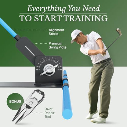 Golf Alignment Stick Holder Plate, Professional Swing Trainer, Practice Tool Training Equipment Golfing Accessory Complete with Alignment Sticks and Divot Repair Tool