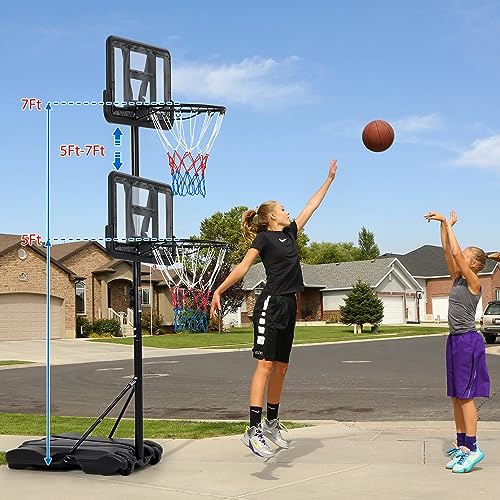 Kids Basketball Hoop, 5-7 ft Adjustable Height Portable Hoop with Wheels & Fillable Base - 28 Inch Shatterproof PC Backboard for Driveway, Backyard, Indoor & Outdoor Play