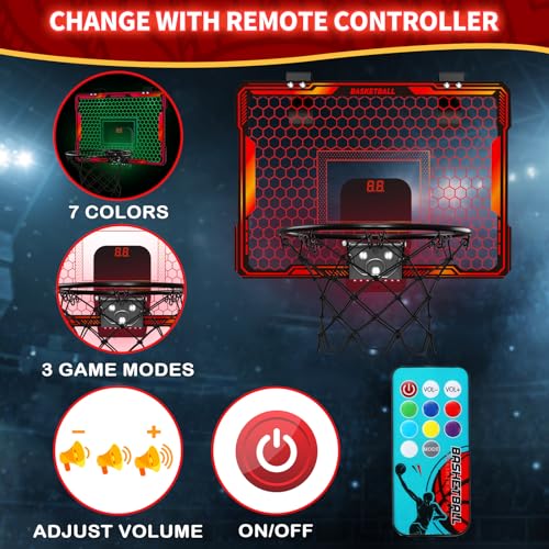 HYES Basketball Hoop Indoor, Mini Basket Ball Hoop with 7 LED Lighting, Scoreboard, Over Door Basketball Hoop with 3 Modes, Volume Adjustable, Foldable, Basketball Toys Gifts for Kids Adults - size: red- with remote controller