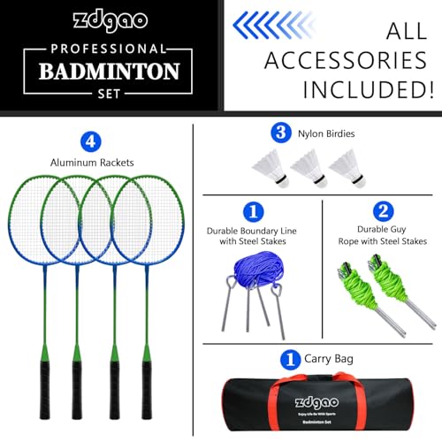 Zdgao Badminton Sets for Backyard, Portable Badminton Net with Tension Adjuster, Badminton Racket Set of 4, 3 Nylon Shuttlecocks, Boundary Line and Carry Bag for Backyard Beach Family Games - color: BLUE&GREEN