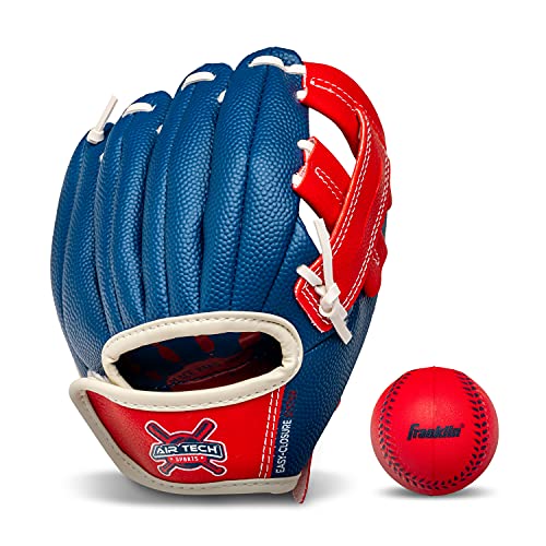 Franklin Sports Air Tech Baseball Glove with Ball - Tee Ball - Soft Air Tech Foam - color: Navy/Red, size: 8.5"