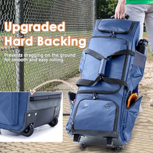 Upgraded Rolling Baseball Bag with Sturdy Hard Backing - Large Softball Bag with Wheels for 4 Bats, Large Team Equipment Duffle Bat Bag, Catcher Gear Bag for Boys 8-12, Youth, Adults
