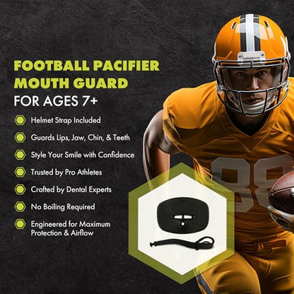 DAMAGE CONTROL Pacifier Mouthpiece – Football Mouthguard with Helmet Strap, Protects Teeth, Jaw & Mouth – Mouth Piece for Sports, No Boiling, Allows Airflow – Gear for Adults & Youth (Black) - color: Black