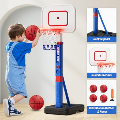 HYES Toddler Basketball Hoop with Scoreboard/LED Basketball Rim/4 Balls, 55" Height Adjustable Basketball Hoop for Kids 3-5, Indoor Outdoor Sport Toys Birthday Gifts for Baby Boys Girls
