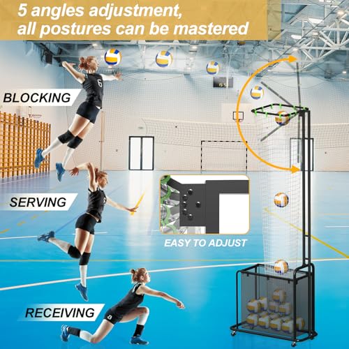 Volleyball Setter Training Equipment, Setting Trainer Net with Target Hoop, 5 Angles Adjustable, Height Adjustable for Serving Spiking Drills System with Ball Collection Bag