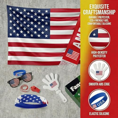 Soccer Fan Gear Set 2026-7 Piece Game Day Kit with Flag, Scarf, Glasses, Whistle, Clapper, Wristband & Headband in Gift Box - Watch Party & Stadium Essentials for USA - color: USA