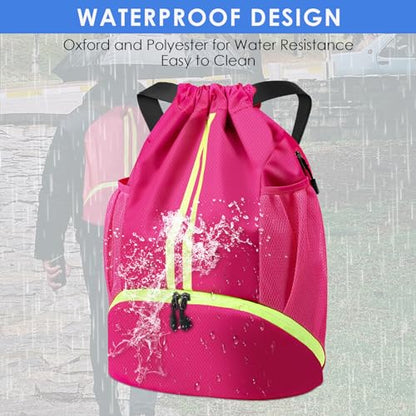BROTOU Soccer Bags, Football Backpack, Volleyball Bag, Drawstring Backpack with Ball and Shoe Compartment, Football bags for Equipment Swim Gym Bag - color: Pink