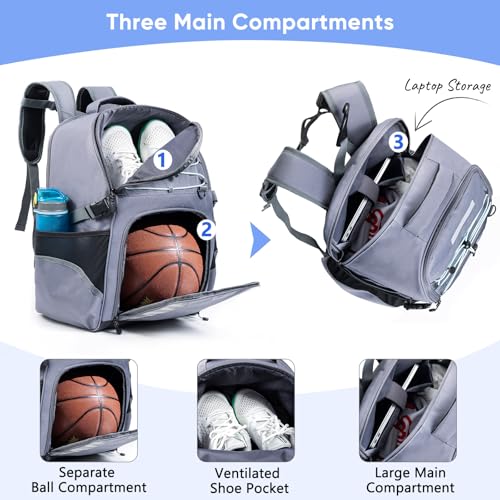 Basketball Bag Backpack with Ball Compartment & Shoe Pocket – Gym Bag for Basketball, Soccer, Football, Volleyball – Large Capacity Athletic Backpack for Youth & Adults, Basketball Gifts - color: Grey