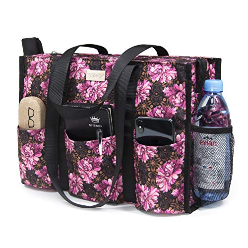 TOPDesign Utility Water Resistant Tote Bag with 13 Pockets, Top Zipper Closure & Thick Bottom Support, for Working Women - color: Baroque Carnation, size: Large