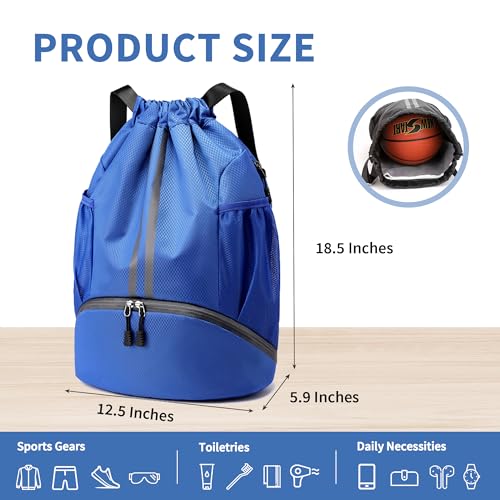 JELUTAR Soccer Bag, Drawstring Soccer Backpack with Shoe Compartment, Water Resistant Sport Gym Bags for Volleyball Basketball Football Beach Swim Pool - color: Blue