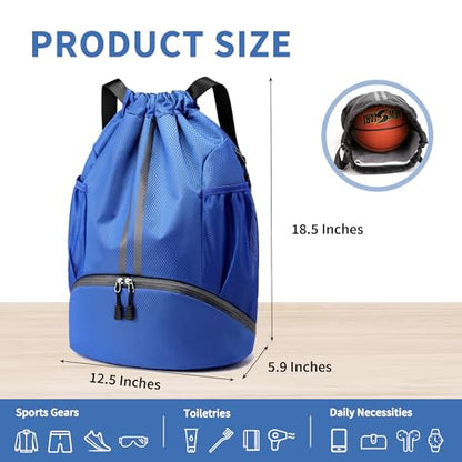JELUTAR Soccer Bag, Drawstring Soccer Backpack with Shoe Compartment, Water Resistant Sport Gym Bags for Volleyball Basketball Football Beach Swim Pool - color: Blue