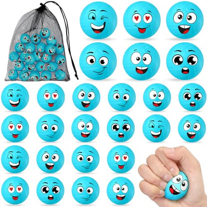 Shappy 24 Pcs Mini Volleyball Stress Balls 1.57 Foam Sports Balls with Emotion for Kids Volleyball Team Gifts with Mesh Drawstring Bag for Volleyball Party Birthday School Reward,6 Style(Blue) - color: Blue