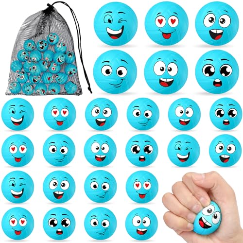 Shappy 24 Pcs Mini Volleyball Stress Balls 1.57 Foam Sports Balls with Emotion for Kids Volleyball Team Gifts with Mesh Drawstring Bag for Volleyball Party Birthday School Reward,6 Style(Blue) - color: Blue