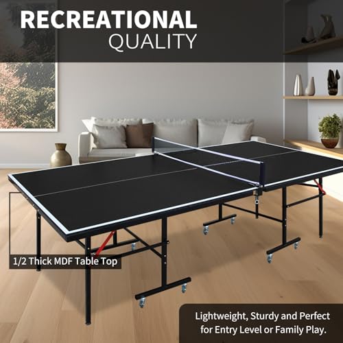 IUNNDS Portable Table Tennis Table 6/8/8.5/9FT Foldable Ping Pong Game Set for Indoor with Net and Post Set, 2 Paddles and 3 Balls - color: Black-8FT with Wheel