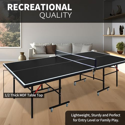IUNNDS Portable Table Tennis Table 6/8/8.5/9FT Foldable Ping Pong Game Set for Indoor with Net and Post Set, 2 Paddles and 3 Balls - color: Black-8FT with Wheel