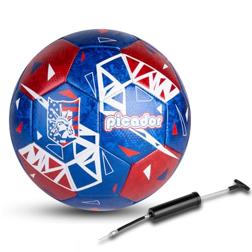 Picador Size 4 Soccer Balls, Laser Leather Soccer Ball for Sport Training & Match Play - Vibrant Soccer Balls Gift Set with Pump for Kids and Youth - color: Blue/Red