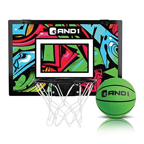 AND1 Over the Door Mini Basketball Hoop: 18x12 Shatterproof Backboard, 2 Mini Basketballs, and Hand Pump Included- Ultimate Indoor Basketball Accessory for Kids and Adults, No Tools Required - color: Black\Green, style: Mini Hoop / One Ball