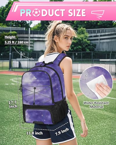 MATEIN Girls Soccer Backpack, Large Basketball Bag with Ball Holder & Shoe Compartment for Tournament & Game Day, Lightweight Youth Sports Bag with Fence Hook Fits 15.6 Inch Laptop, Soccer Team Gifts - color: Galaxy Purple