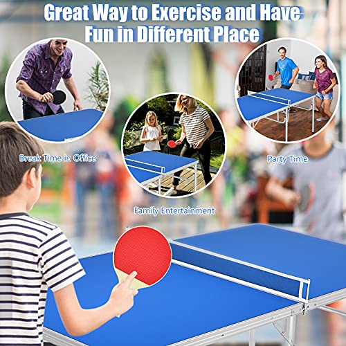 Goplus Foldable Ping Pong Table, 100% Preassembled, Table Tennis Table with Net, 2 Paddles, Ping Pong Balls, Portable Table Tennis Game Set for Indoor Outdoor - style: Blue-60''