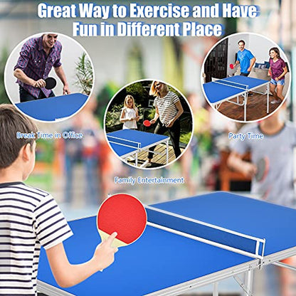 Goplus Foldable Ping Pong Table, 100% Preassembled, Table Tennis Table with Net, 2 Paddles, Ping Pong Balls, Portable Table Tennis Game Set for Indoor Outdoor - style: Blue-60''