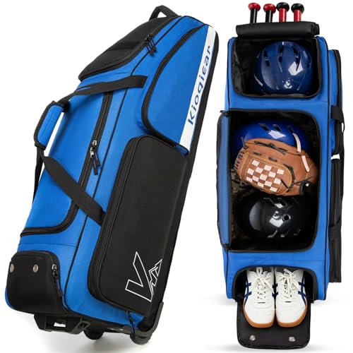 Catchers Gear Bag with Wheels for 4 Bats, Rolling Baseball Softball Bag With Multi-Pockets, Fence Hook, Holds All Baseball Equipment. - color: Blue