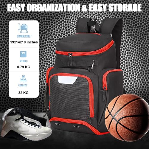 LARIPOP Basketball Backpack with Ball & Ventilated Shoe Compartment Insulated Pockets for Men Youth Training - color: Red