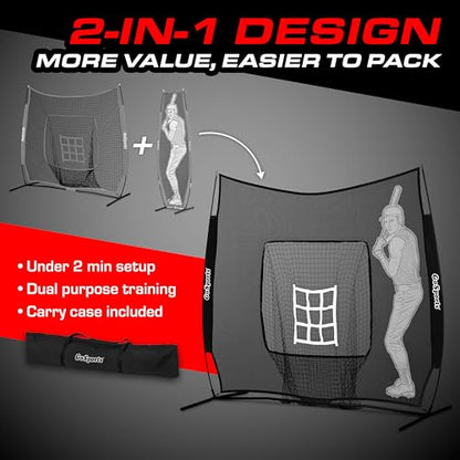 GoSports 7 x 7 ft Advanced Baseball & Softball Net with Xtraman Batter - Portable Hitting & Pitching Practice Net