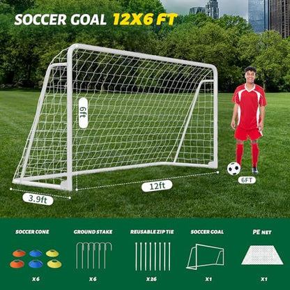 NAIZEA Soccer Goals - 24x8/21x7/18x7/12x6/16x7/10x6/8x6/6x4FT Soccer Goals for Backyard Training- Portable Metal Soccer Net for Youth & Adults - Heavy Duty Steel for Indoor Outdoor Games & Practice - size: 12ft x 6ft, style: Trainer-White/Steel