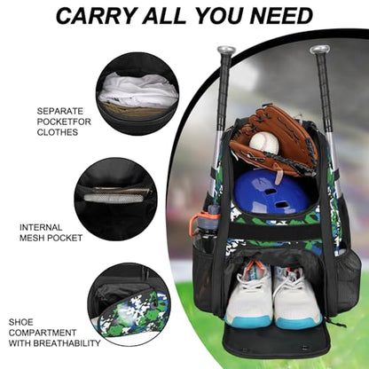 Goloni Youth Baseball Bag,Baseball Backpack with Shoes Compartment,Softball Bag with Fence Hook for T-Ball Bat & Equipment - color: Camouflage Green