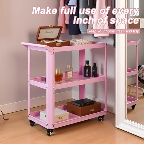 3 Tier Metal Utility Rolling Cart with Wheels, Heavy Duty Storage Organizer Trolley Cart for Kitchen, Bathroom, Office, Bedroom – Multi-Purpose 330Lbs Capacity Utility Cart on Wheels, Pink - color: Pink