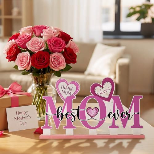 Smile Happy Mother's day Indoor Decorations Wooden Decor Table Centerpiece Thank You Mom Best Ever Wooden Plaque Ornaments for Home Kitchen - style: Letter Mom
