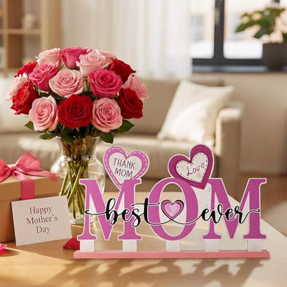 Smile Happy Mother's day Indoor Decorations Wooden Decor Table Centerpiece Thank You Mom Best Ever Wooden Plaque Ornaments for Home Kitchen - style: Letter Mom